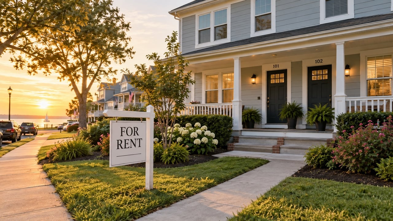 Waterfront rental townhouses at sunset with a prominent For Rent sign.