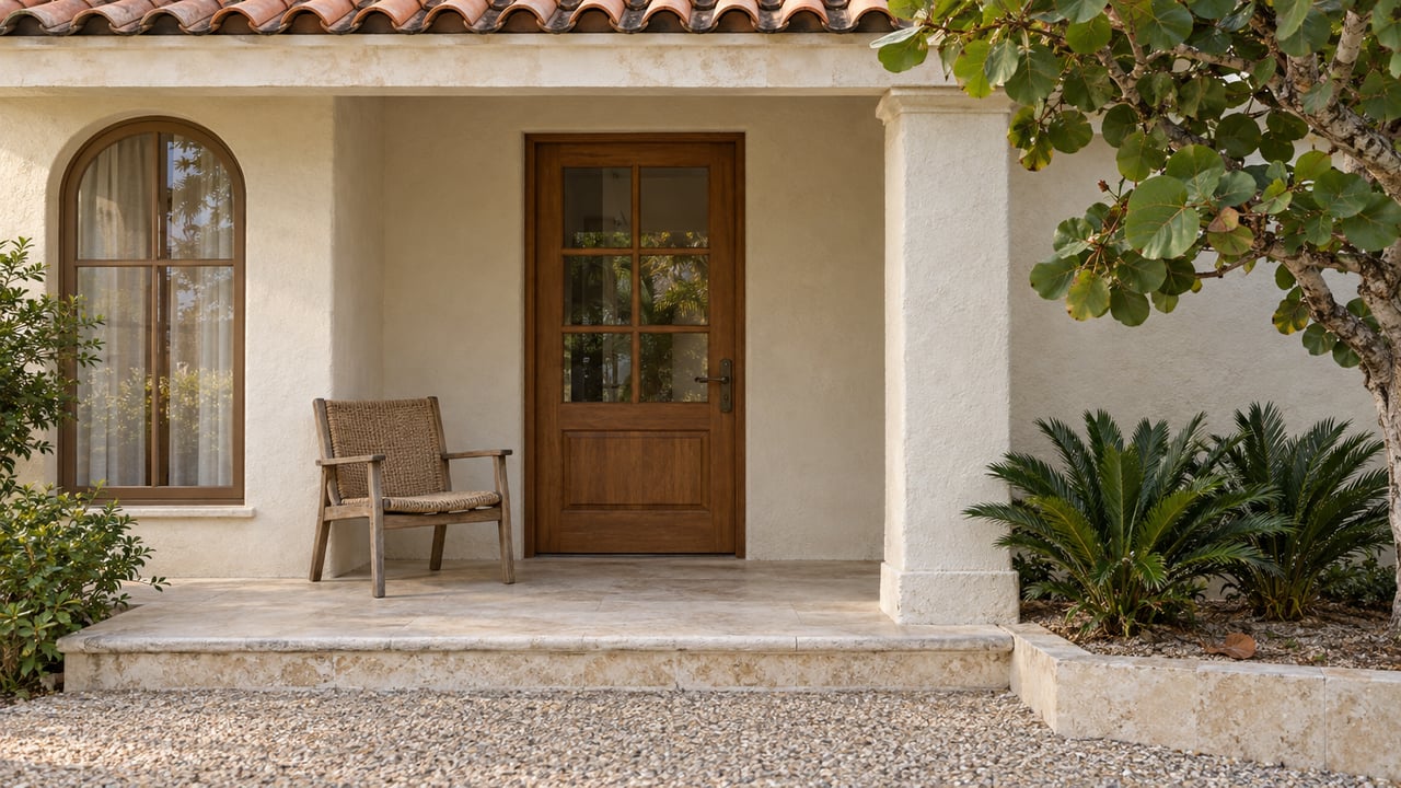 An intimate covered porch with warm ivory stucco, a glazed timber door, pale limestone steps and a woven cane chair beneath terracotta roofing.