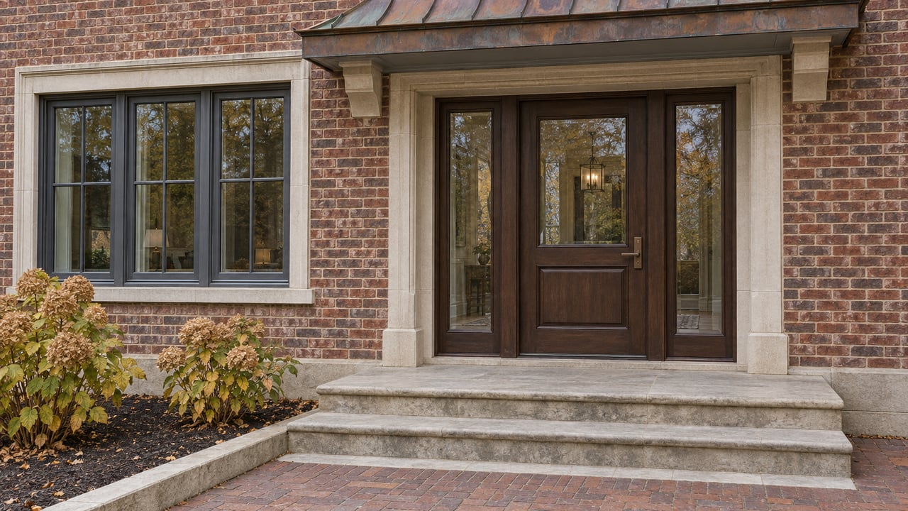 Brick home entrance with an oak door, glazed sidelights, limestone steps, and dried hydrangea flowers in soft autumn daylight.