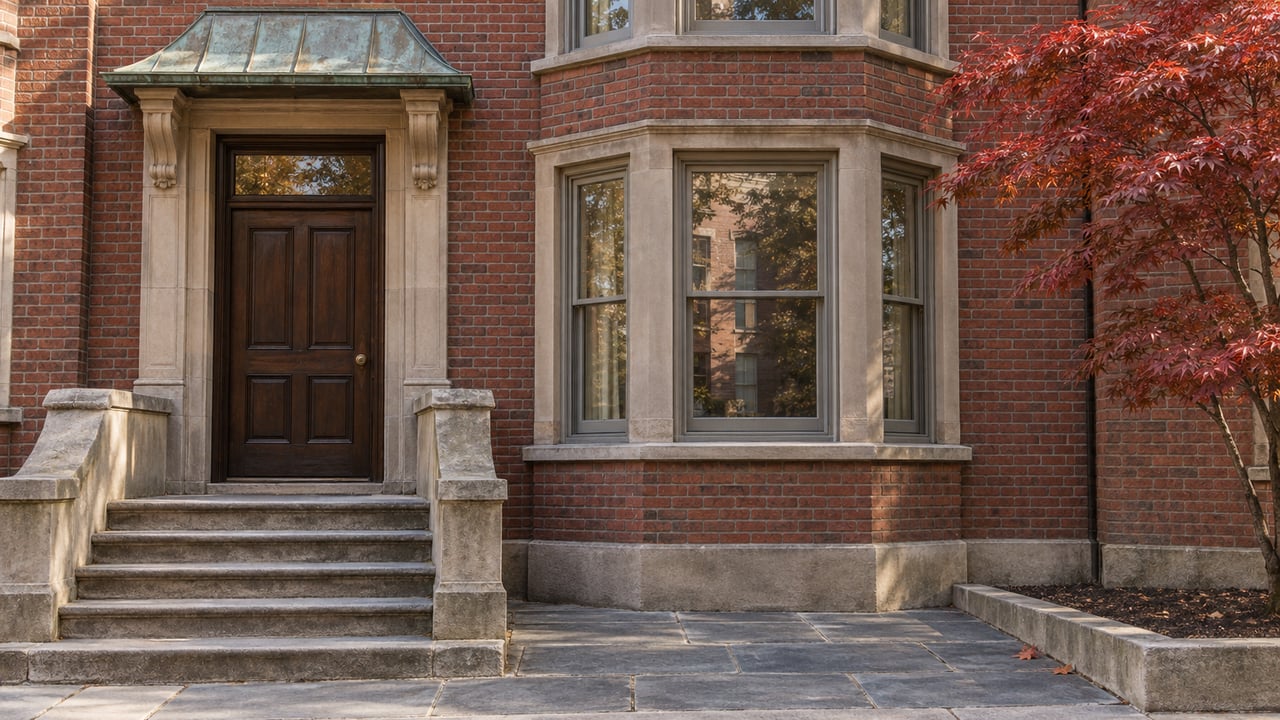 Red brick townhouse entrance with a dark oak door, weathered sandstone steps, projecting sash windows and copper-red maple leaves.