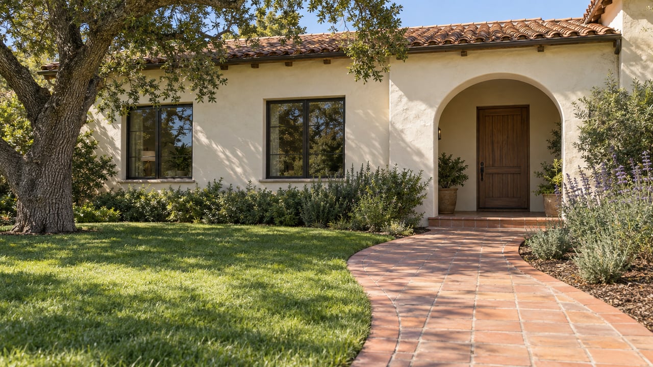Sunlit cream-stucco home with a clay tile roof, recessed arched entry and terracotta path bordered by lawn and flowering sage.