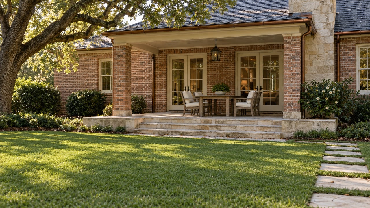 Brick house with a covered limestone terrace, cream French doors, teak dining set, and broad lawn beneath a live oak.