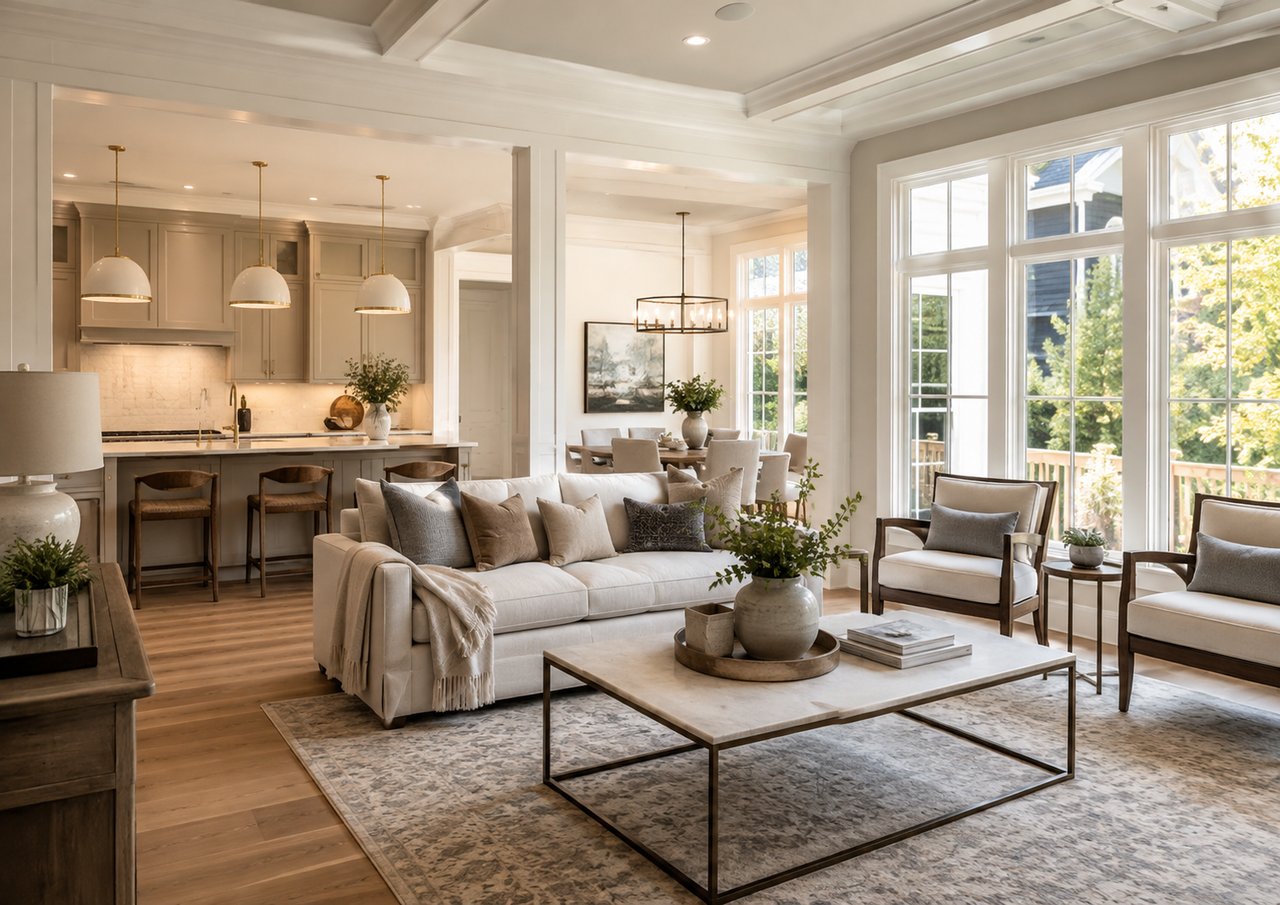 Bright open-concept living room and kitchen with hardwood floors, neutral furnishings, large windows, and upscale finishes that create a polished, high-end feel.