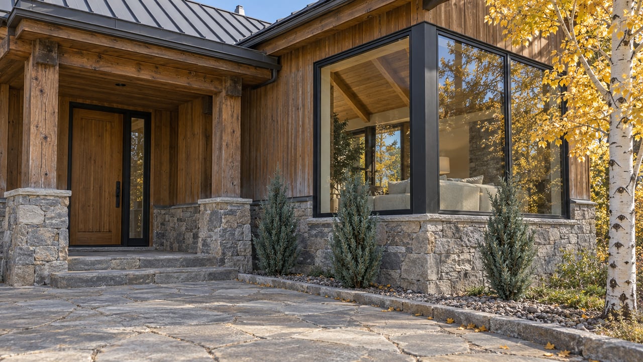 Autumn light on a timber-and-stone home entrance, with black-framed windows and a gold-leaved aspen beside the stone approach.