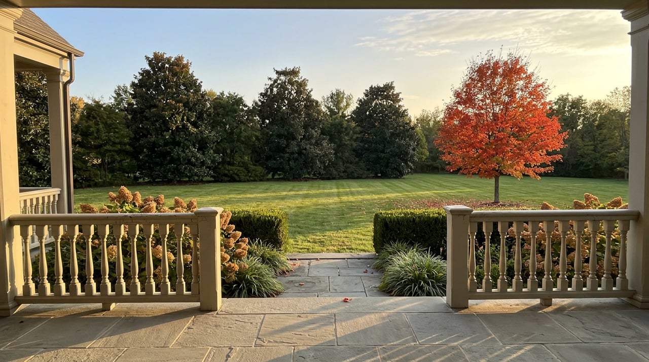 Bluestone terrace and steps overlook a striped lawn, with a scarlet-orange maple and magnolias along the rear edge.