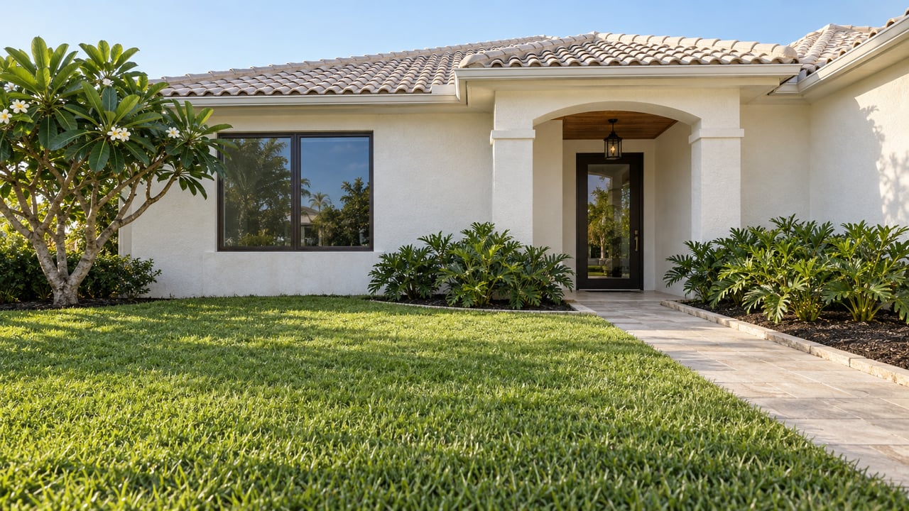 Single-story white stucco home beyond a deep green front lawn, with a pale stone path and shaded arched entry.