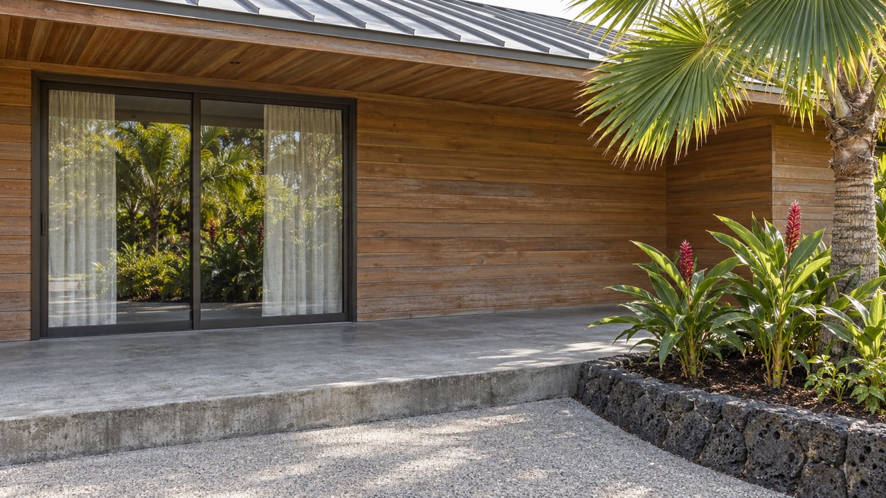 Wood-sided home with a covered concrete patio, sliding glass doors, and tropical landscaping.