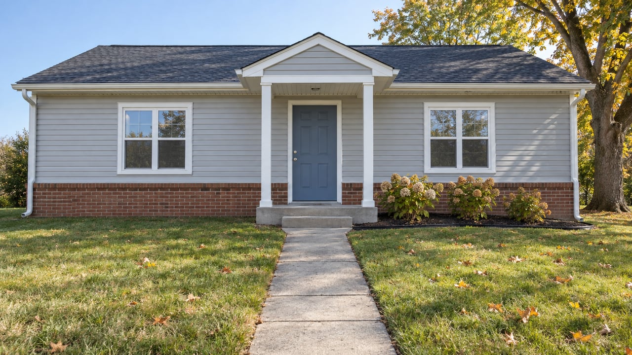 Modest gray-sided gabled home with a brick foundation, blue front door, deep lawn and an autumn sugar maple.