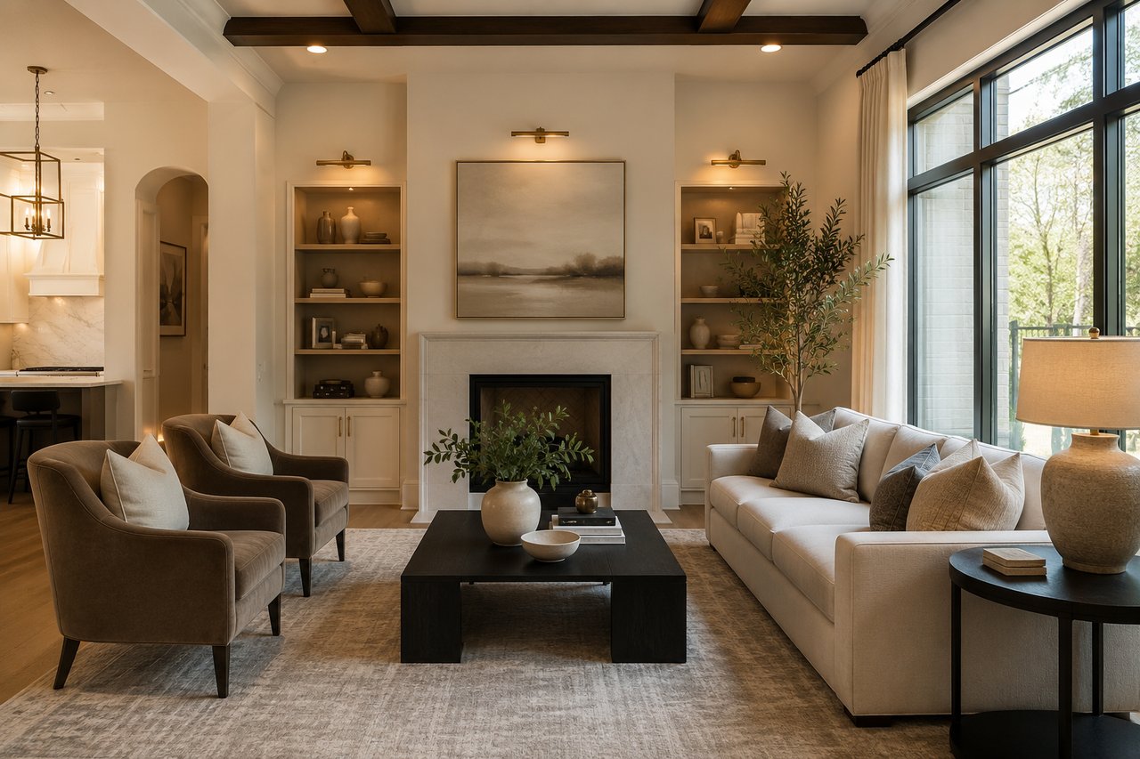 A bright, professionally staged luxury living room featuring neutral furnishings, elegant décor, abundant natural light, a modern fireplace, and thoughtfully arranged furniture, showcasing home staging techniques that help attract buyers and increase offers in the Nashville luxury real estate market.