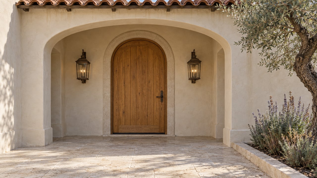 Arched cream stucco entry with a golden wood door, paired bronze lanterns, pale limestone paving and a mature olive tree.