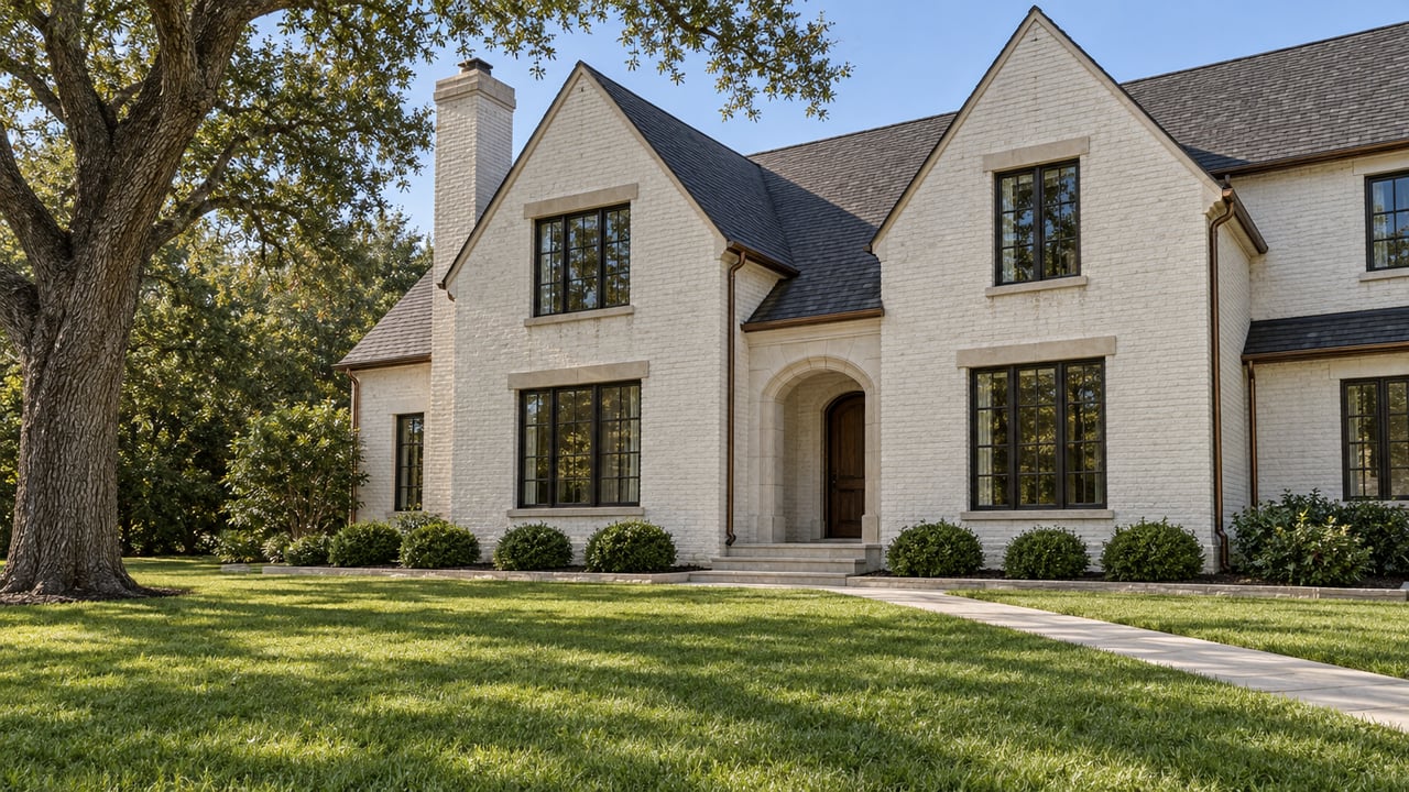 White painted-brick luxury home with steep dark gables, divided-light windows, a limestone walk and deep lawn beneath a mature oak.