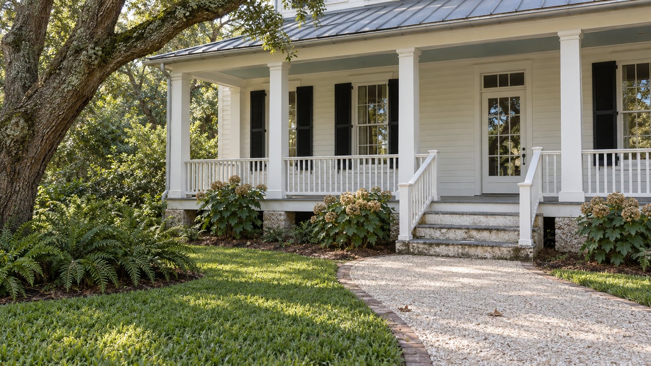 Ivory clapboard home with a raised white porch, shell-aggregate garden walk and mature live oak.