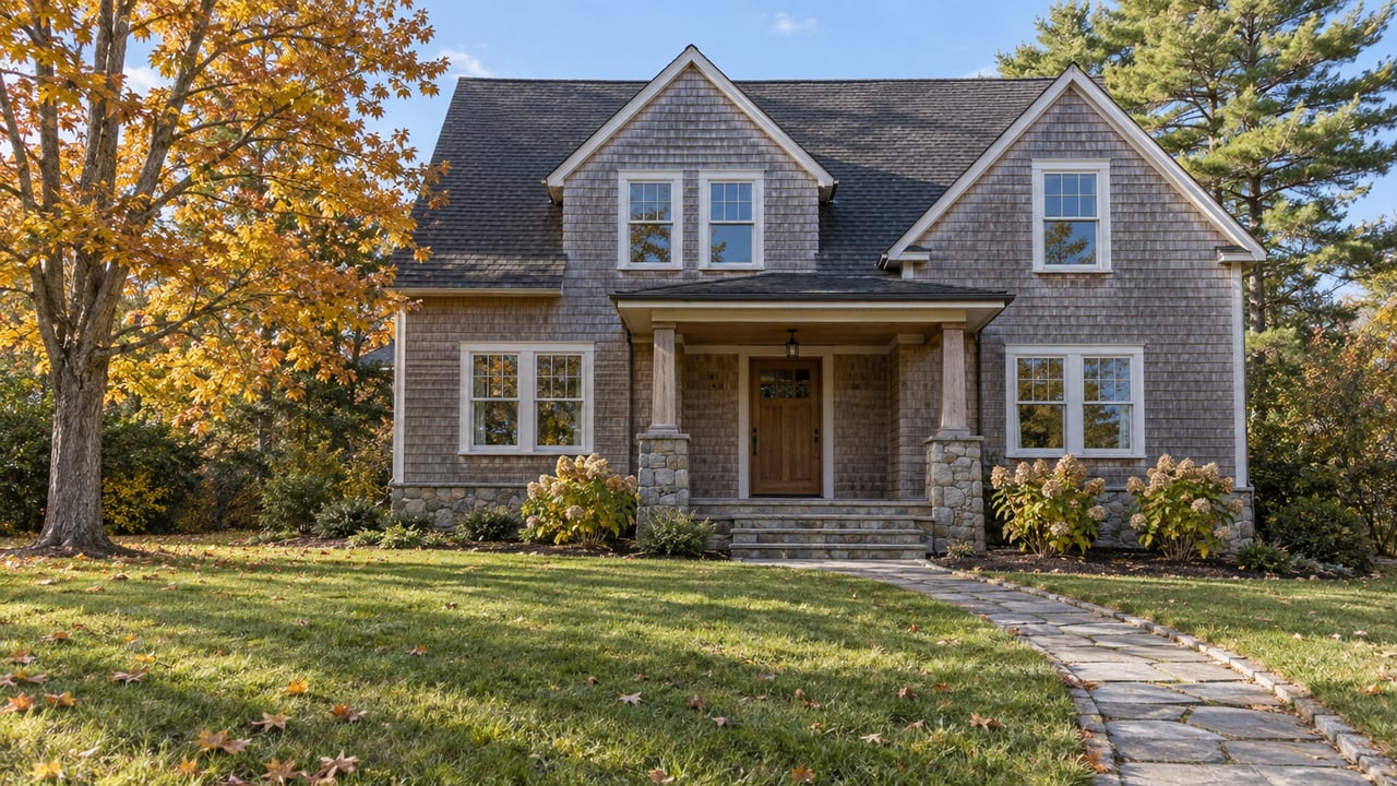 Cedar-shingled home with a fieldstone porch, broad front lawn, stone walkway, and autumn maple.