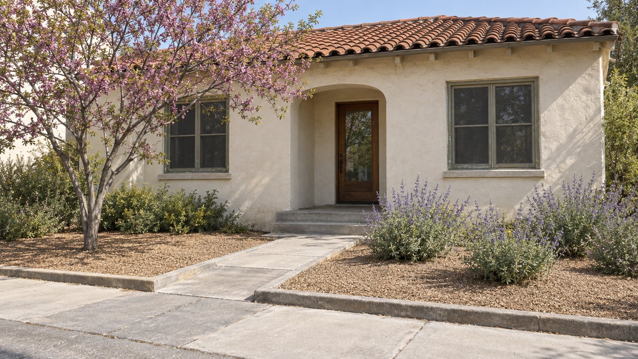 Ivory stucco house with a red tile roof, recessed oak door, and front garden of a young tree and three shrubs.