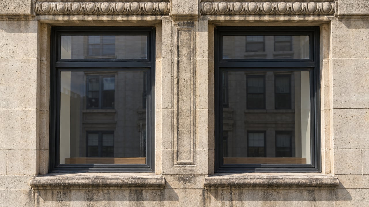 Two tall charcoal-framed windows recessed into weathered pale limestone, with carved stone trim and sunlit projecting sills.