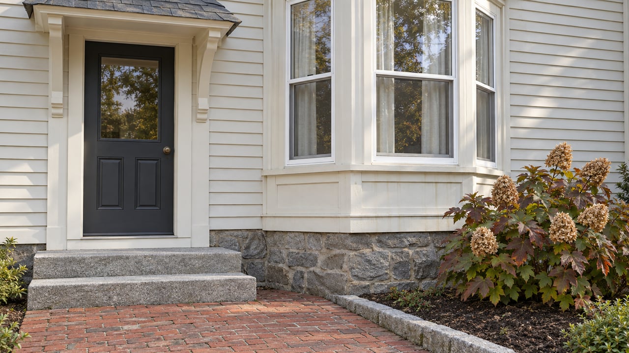Close view of an off-white clapboard home's glazed entry door, bay windows, fieldstone foundation, granite steps and brick approach beside an oakleaf hydrangea.