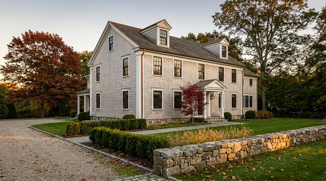 Shingle-sided estate home with a stone wall, gravel drive, and red-orange autumn foliage in warm evening light.