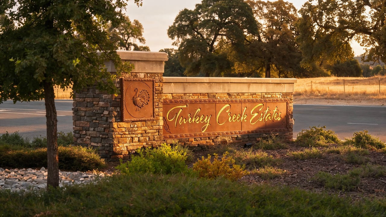 Turkey Creek Estates entrance sign beside a road, framed by oak trees and landscaping.