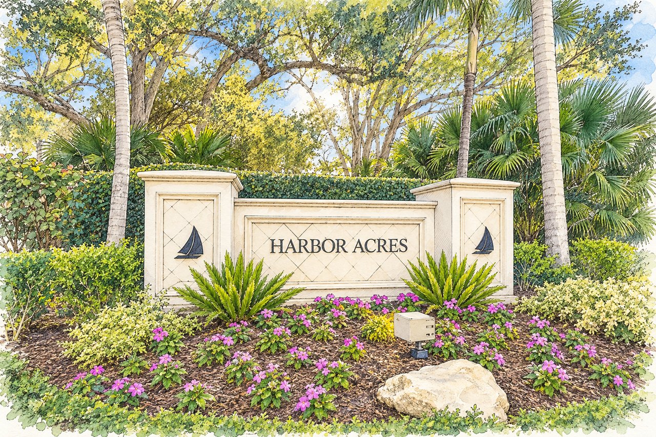 Harbor Acres entrance sign with sailboat emblems, palms, and pink flowers.