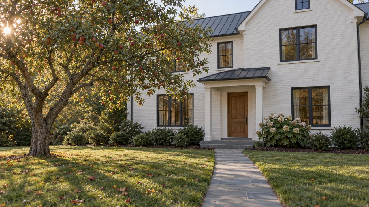 Off-white brick house beside an apple tree bearing ripe red apples, with a bluestone walk crossing the lawn.