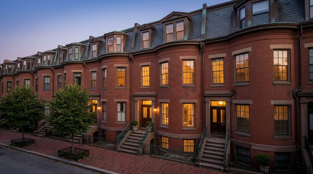 Brick bowfront townhouses with glowing parlor windows, limestone trim, and copper dormers along a blue-hour street.