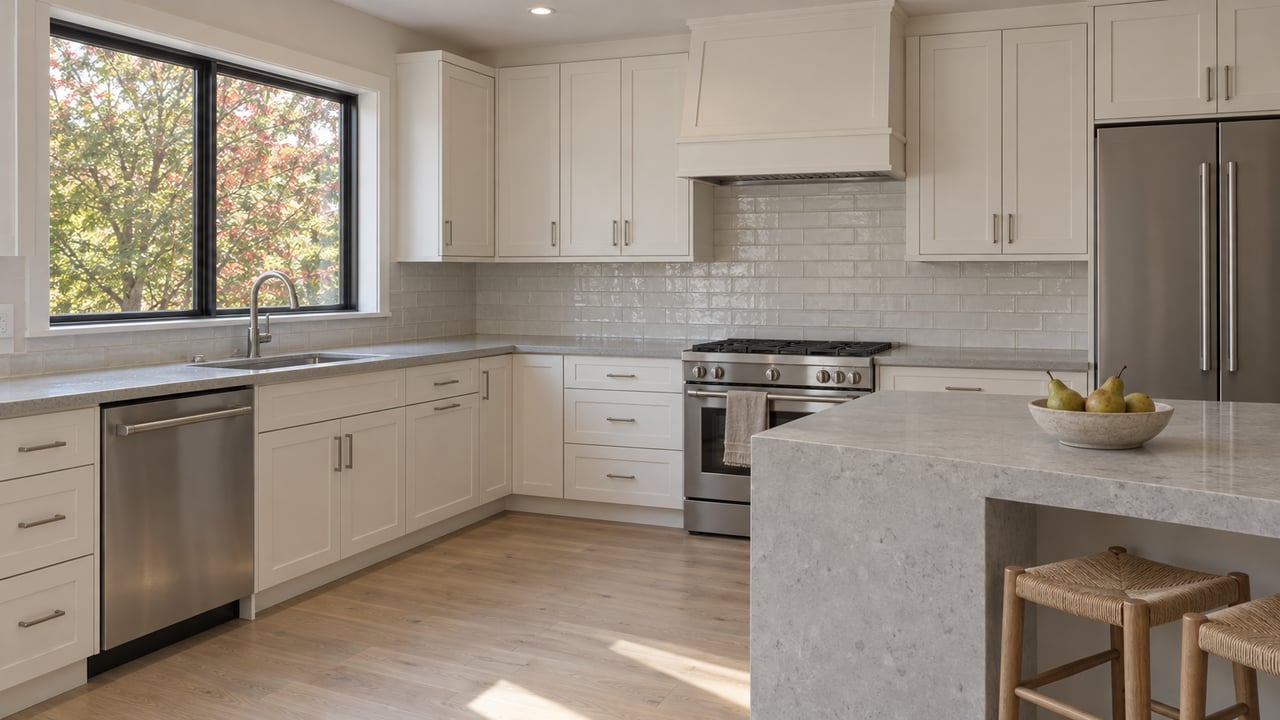 Daylit kitchen with warm-white cabinets, a pale stone waterfall island, oak floors and autumn leaves outside a closed window.