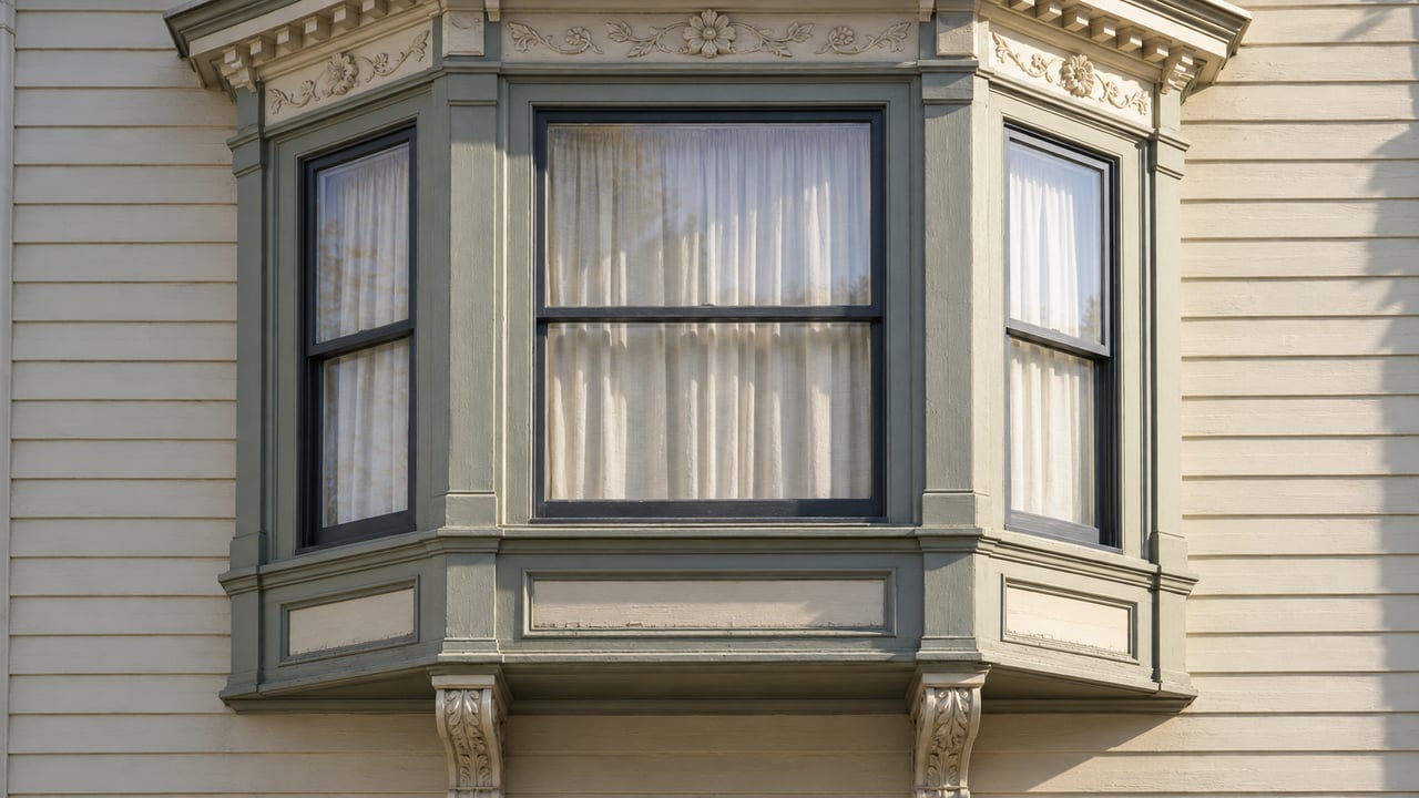 Close view of an ivory wood facade with a gray-green three-sided bay window, carved cream cornice, and paired timber brackets in crisp daylight.