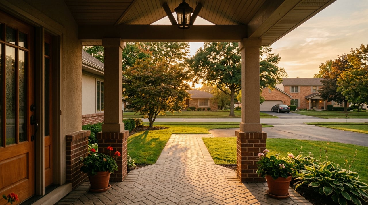 Ranch home entry with a tapered stucco column, arched transom, and herringbone paver walk in warm sunlight.