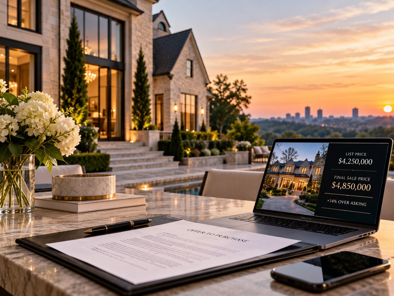 Luxury estate home at sunset with a laptop displaying a listing price of $4.25 million and a final sale price of $4.85 million, illustrating how competitive offers and market demand can drive luxury home sales above asking price.