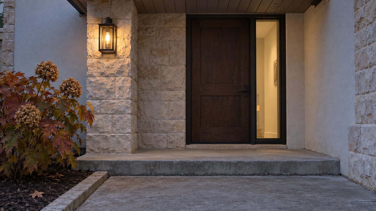 A limestone-framed oak front door and glazed sidelight under a shallow porch at twilight, lit by a bronze wall lantern.