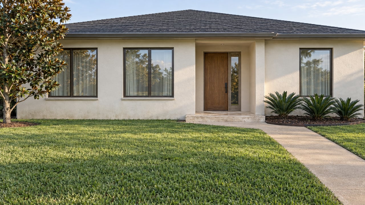 Ivory stucco single-story house with a charcoal hipped roof, bronze-framed windows, recessed oak entrance, and a deep green front lawn.