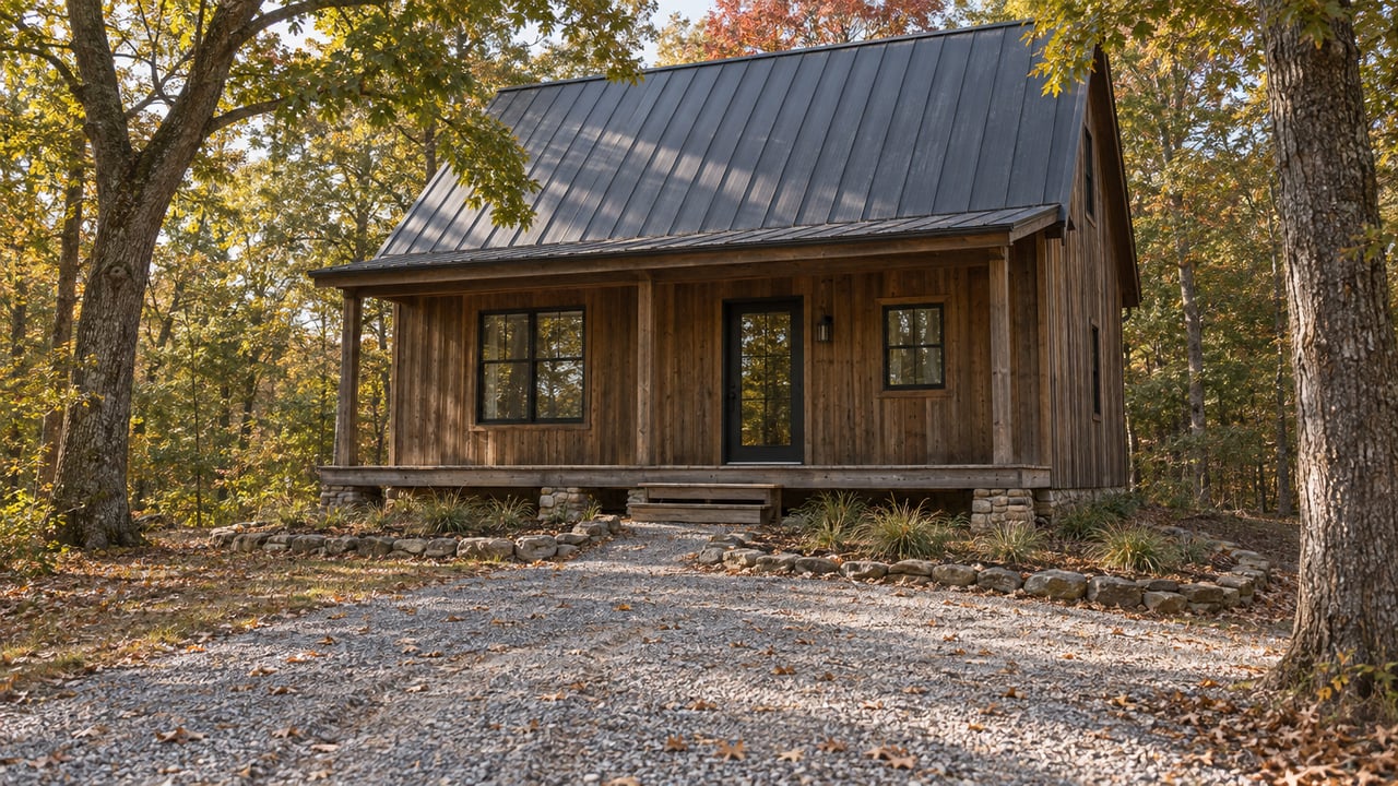 A weathered timber cabin with a metal roof stands beyond a gravel approach beneath oak branches.
