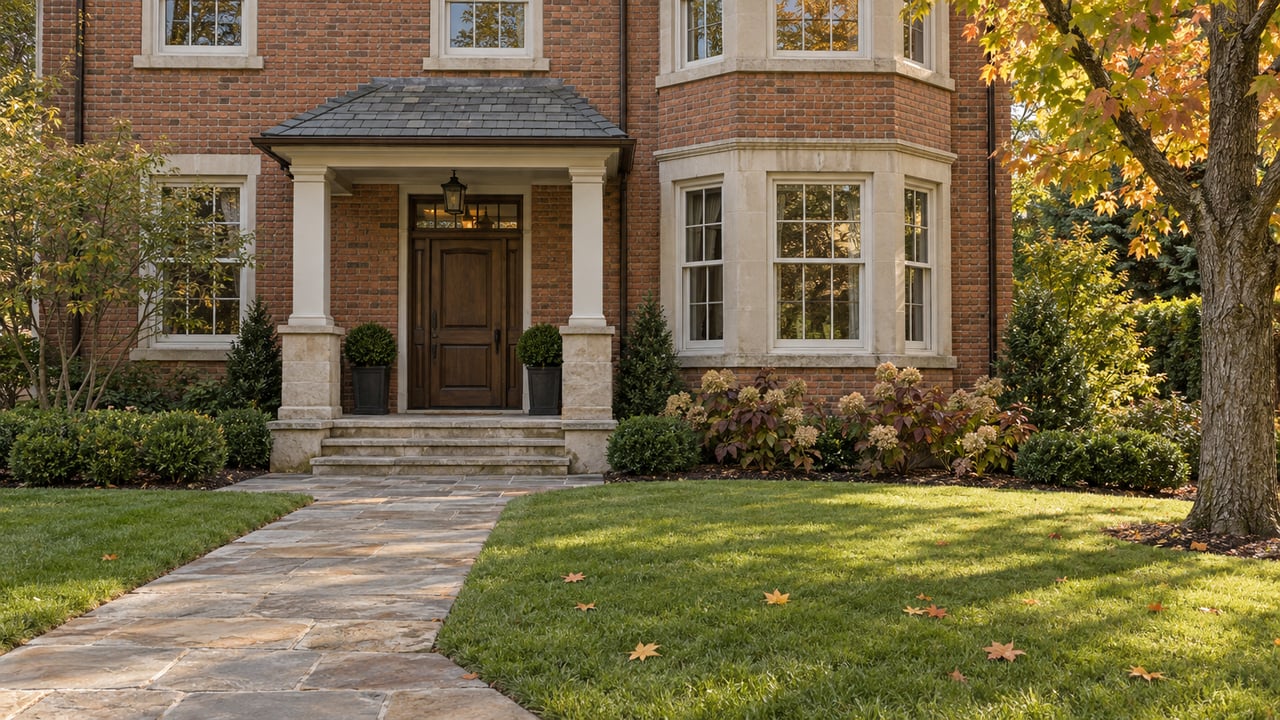 Autumn light on a brick house with a covered entrance, limestone steps and a deep landscaped front garden.