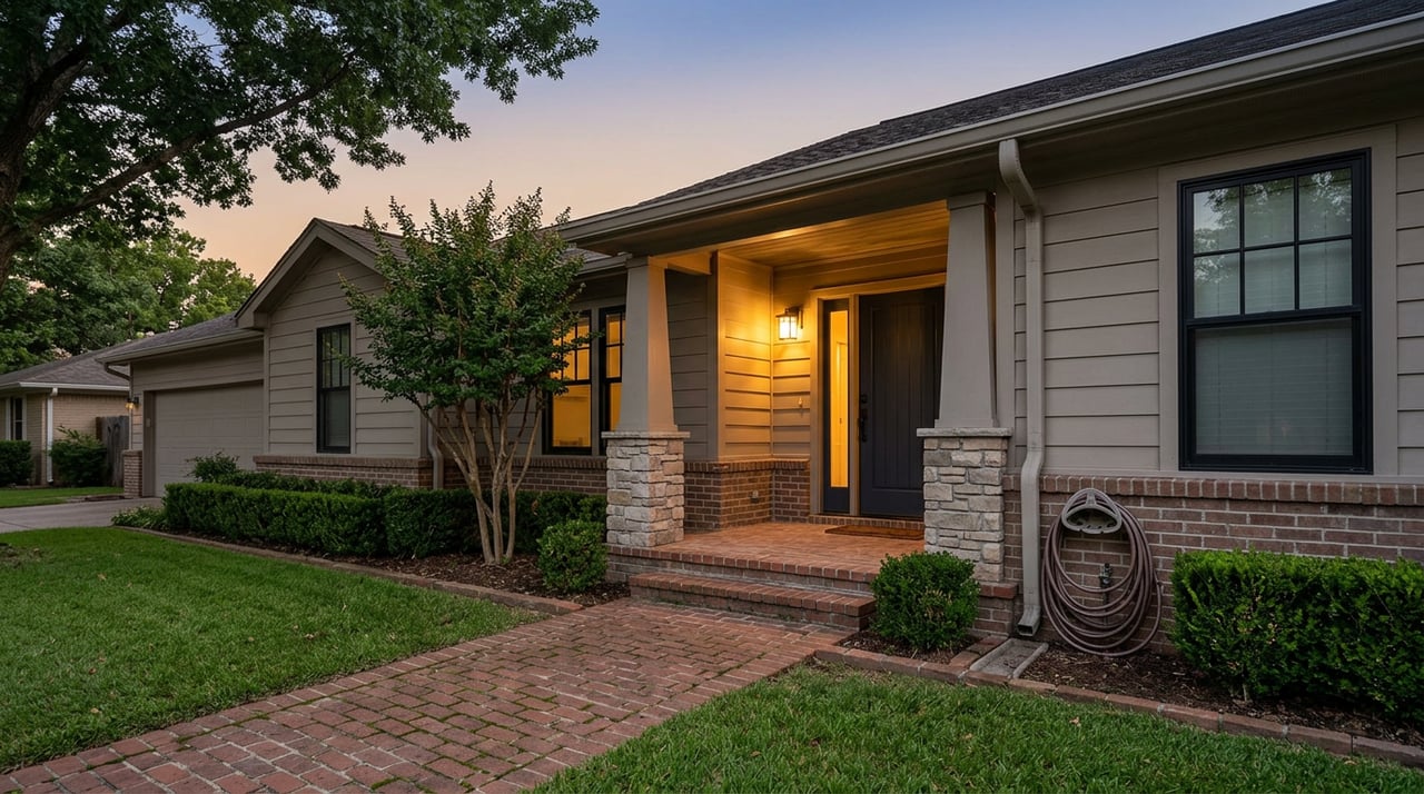 Suburban home at dusk, with a warm-lit covered porch, brick walkway, front lawn, and oak canopy.