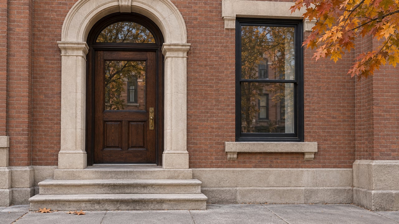 Warm brick home entrance with a carved limestone arch, dark oak door, worn stone steps and orange maple leaves.