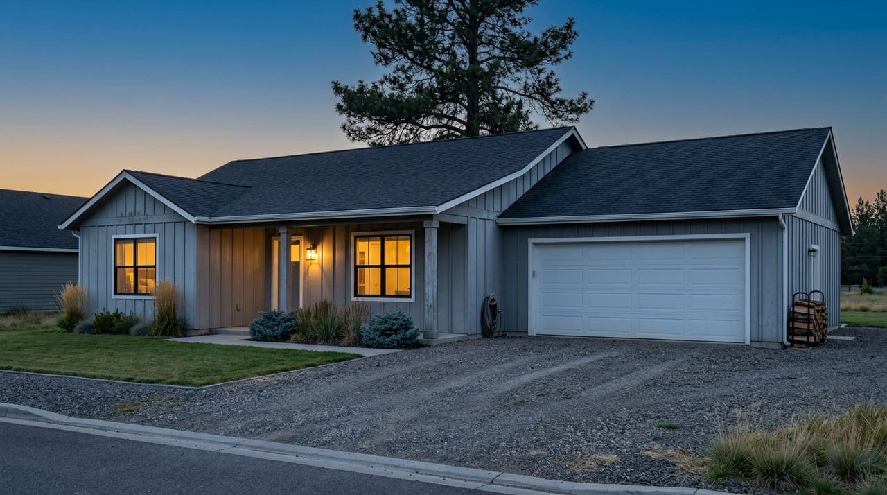 Ranch home at dusk, warm windows and porch lantern glowing beneath a pine.