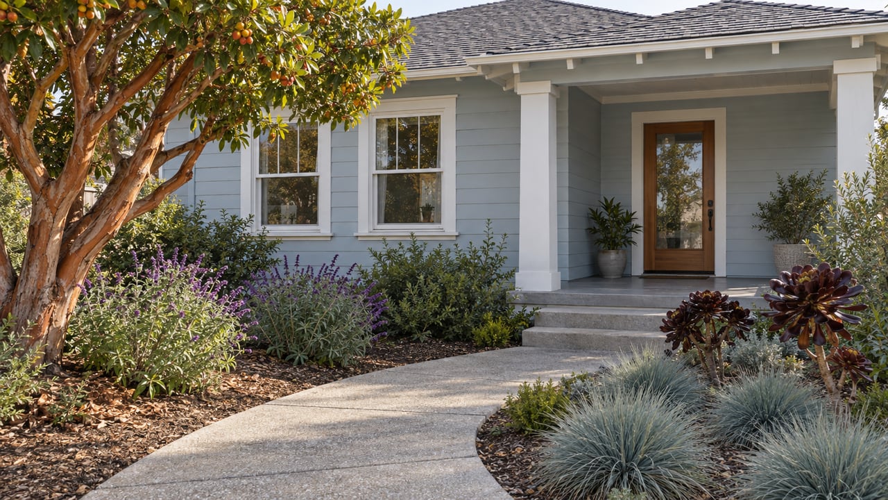 Pale blue wood-sided bungalow with white windows, a recessed porch, and an established garden beside a curving concrete walk.
