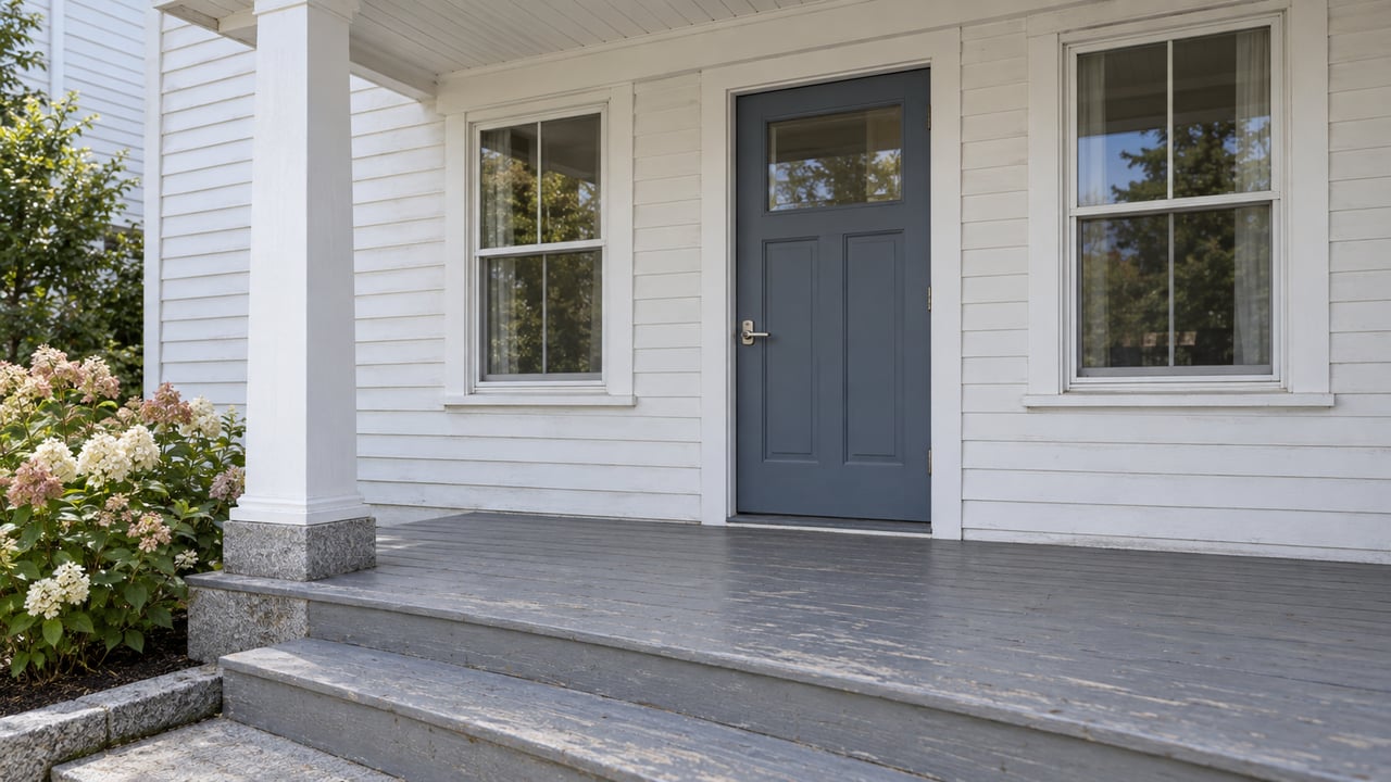 White clapboard house with a slate-blue front door, gray wooden porch, granite steps, and a flowering hydrangea.