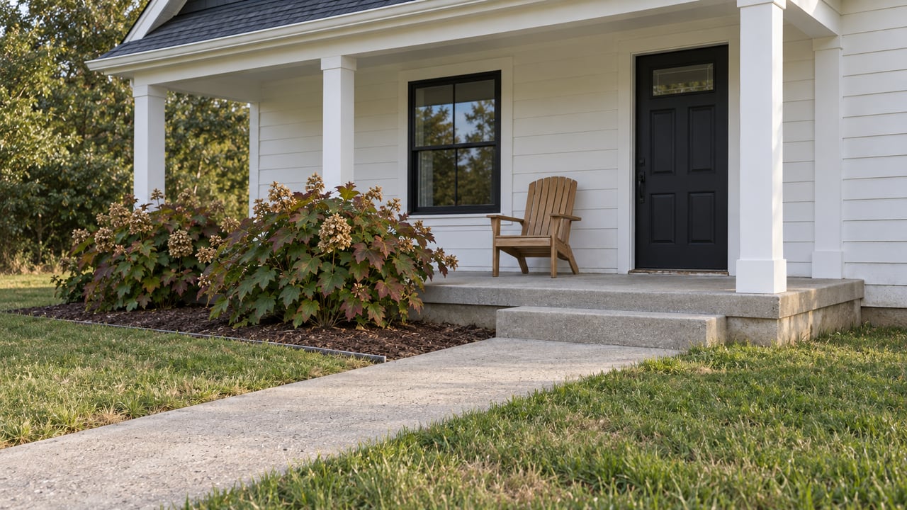 White lap-sided home with a charcoal gable roof, covered concrete porch, black-framed window, wooden chair and oakleaf hydrangeas beside a lawn approach.