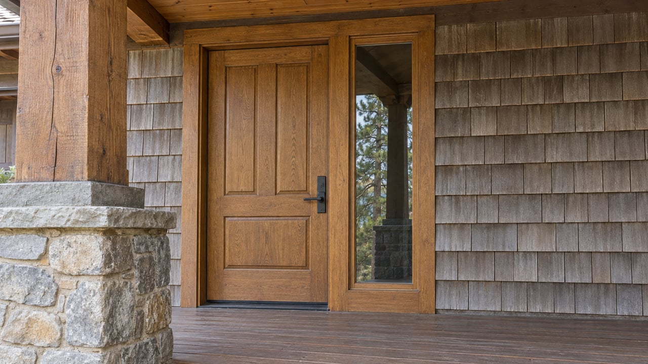 Close view of a wood entrance door and glazed sidelight beneath a timber porch roof, beside a quartzite stone plinth and weathered cedar shingles.