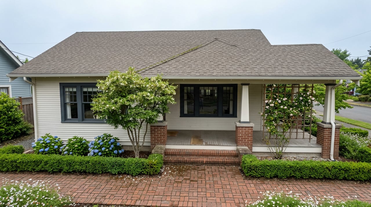 White clapboard bungalow with a deep porch, brick walkway, clipped boxwood hedge, and blue hydrangeas.