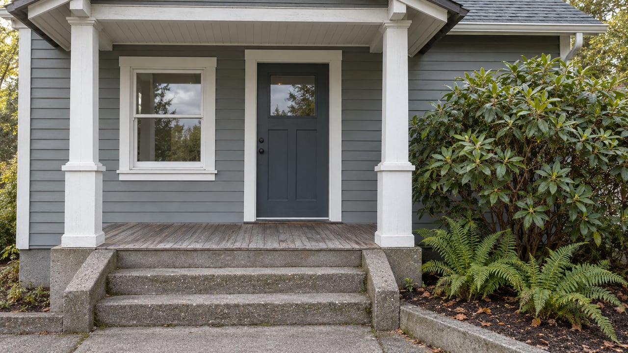 Sea-grey wood cottage with a sheltered porch, weathered concrete steps, a rhododendron and sword ferns in soft morning light.