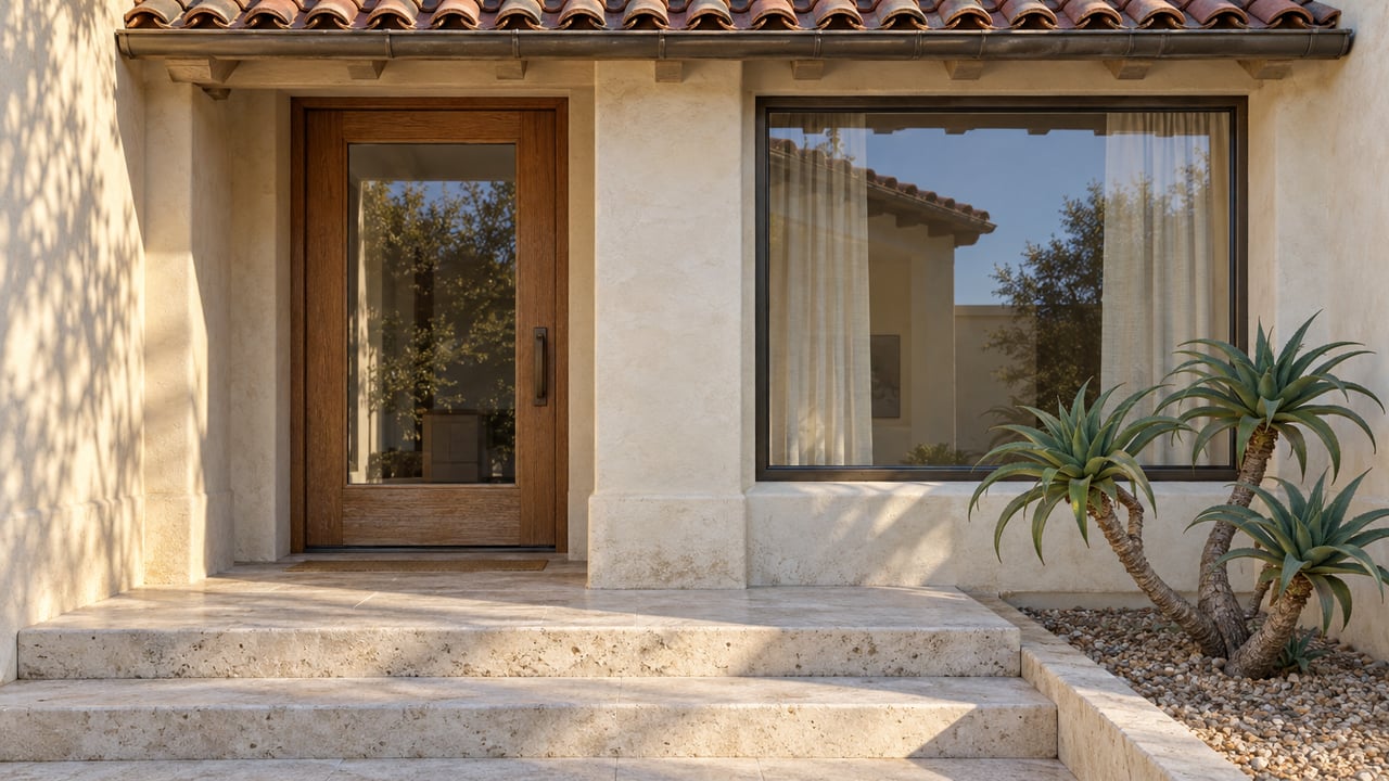 Early sunlight on an ivory stucco home's recessed glass-and-oak entry, limestone steps, and sculptural aloe.