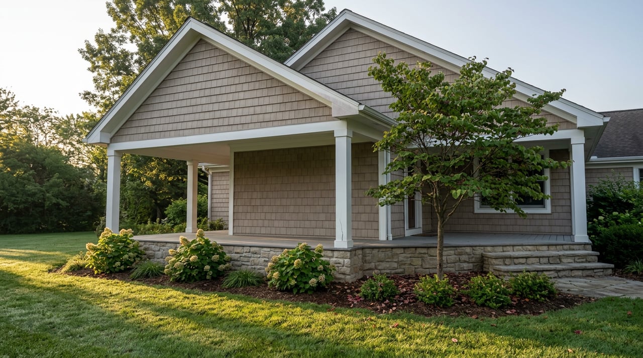 Suburban home with a covered porch, stone steps, and a redbud tree beside oakleaf hydrangeas.