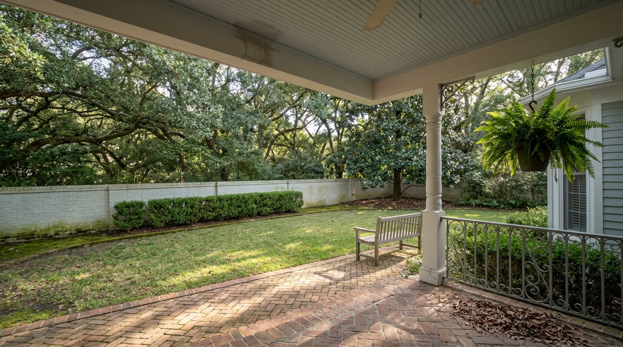 Covered porch with a white column and iron railing overlooks a lawn, brick garden wall, and dense oak canopy.