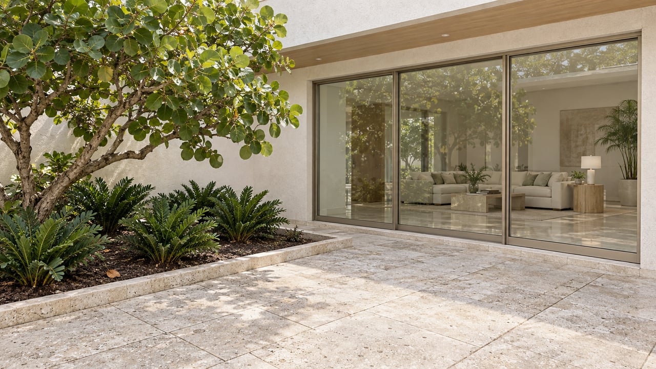 Ivory stucco home enclosing a limestone courtyard with a sculptural sea grape tree and closed floor-to-ceiling living-room windows.
