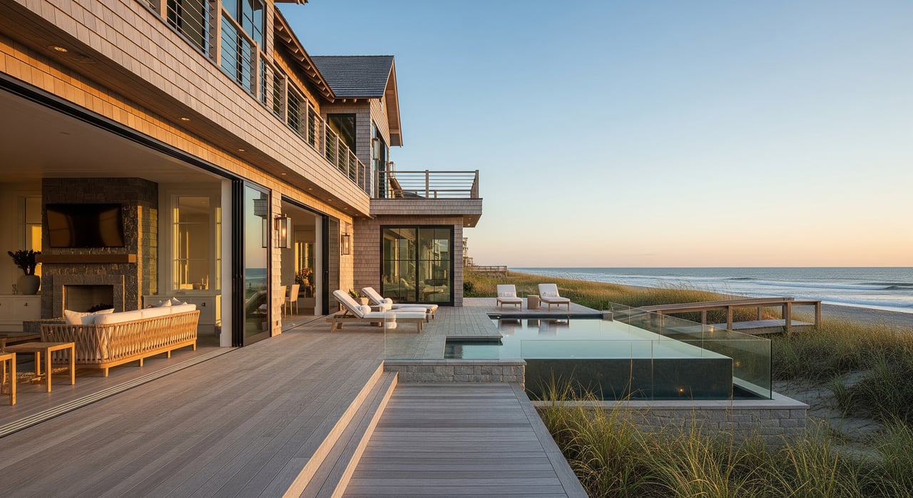 Modern wood-clad beachfront home with glass-railed deck, outdoor seating, and ocean beyond dune grass.
