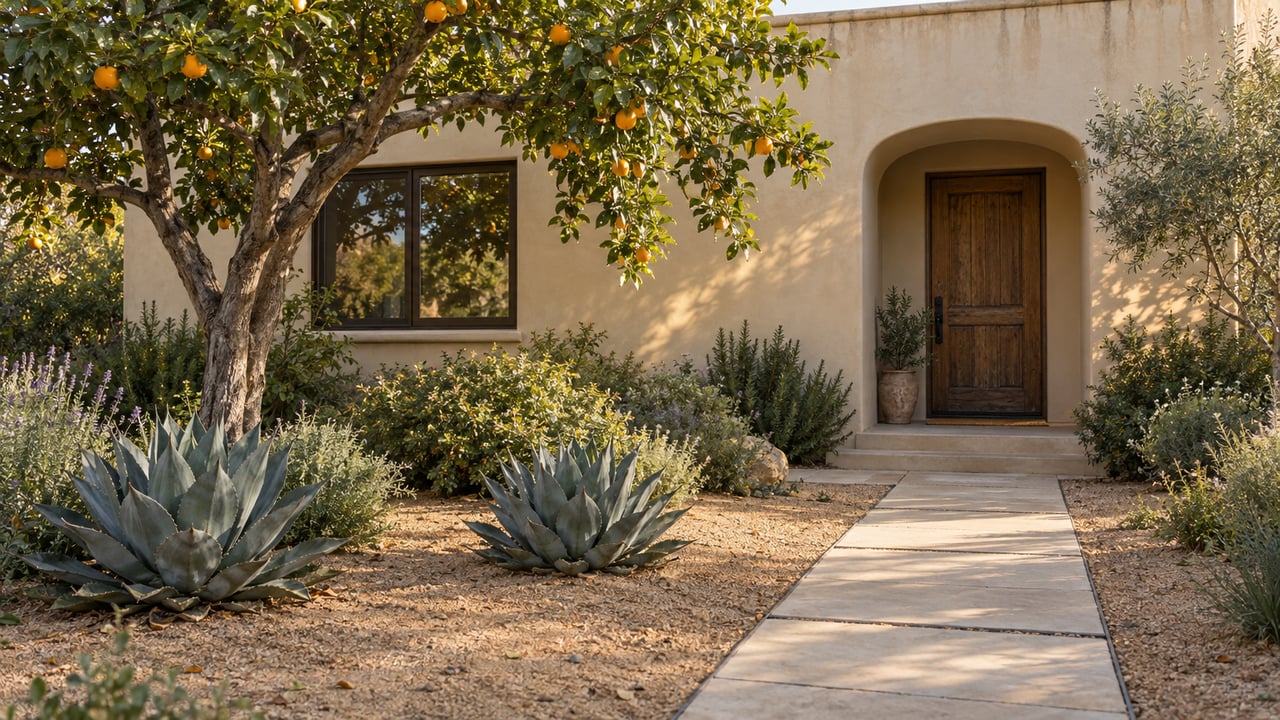 Sand-colored stucco house with a recessed arched doorway, limestone path, orange tree, and two agaves.