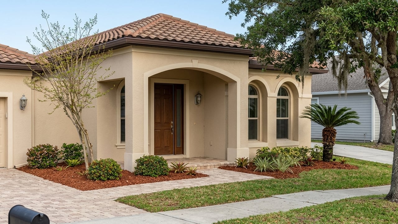 Beige stucco house with a terracotta tile roof, arched entry porch, and landscaped front yard.