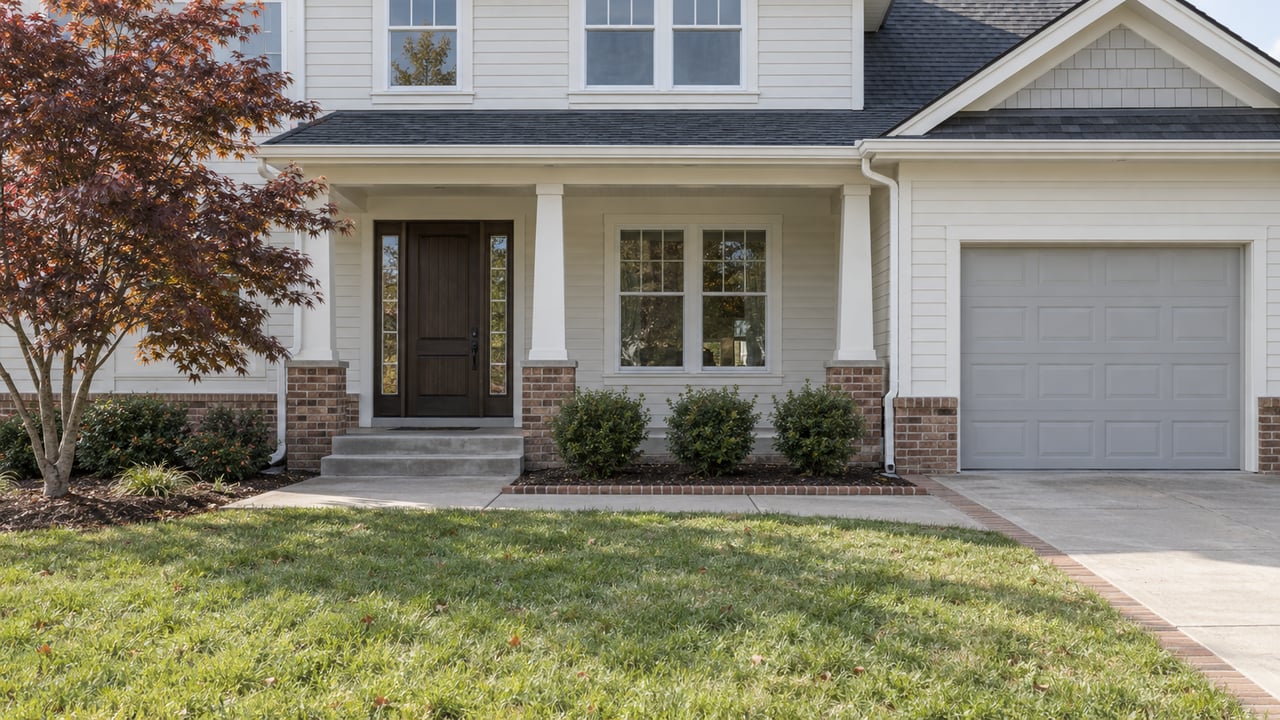 Two-story home with off-white siding, a covered entry, attached garage, and a broad front lawn in bright daylight.